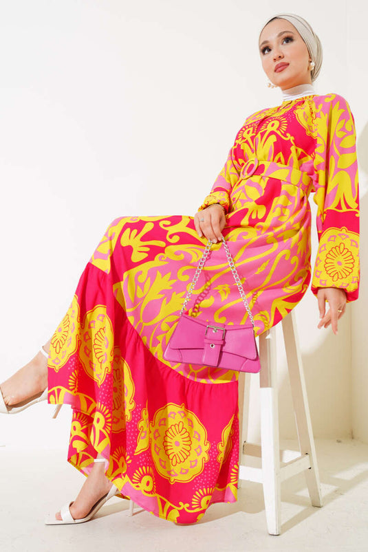 Fuchsia Long Buttoned Dress with Belted Pattern