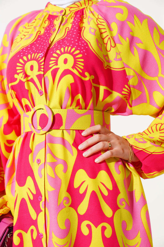 Fuchsia Long Buttoned Dress with Belted Pattern
