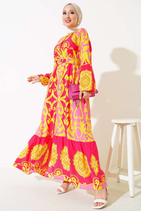 Fuchsia Long Buttoned Dress with Belted Pattern