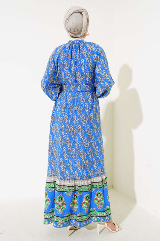 Indigo Long Buttoned Dress with Belted Pattern
