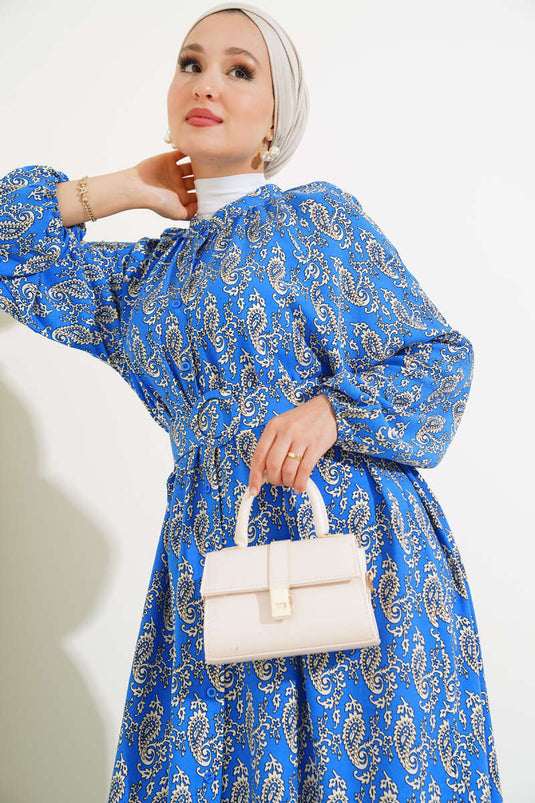 Indigo Long Buttoned Dress with Belted Pattern