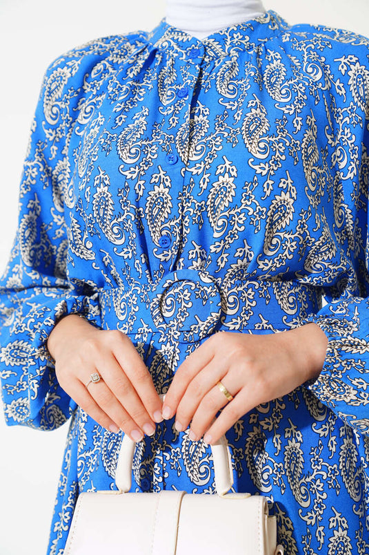 Indigo Long Buttoned Dress with Belted Pattern