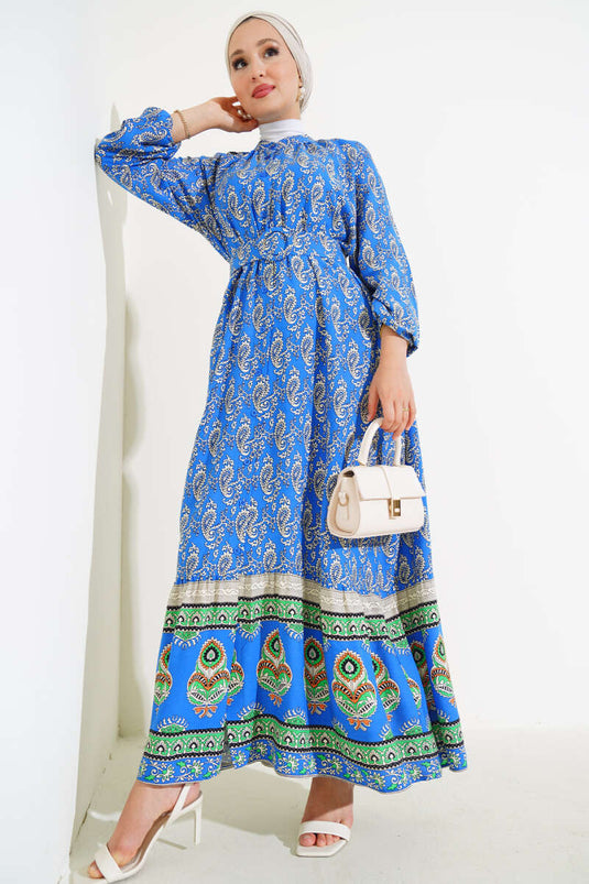 Indigo Long Buttoned Dress with Belted Pattern