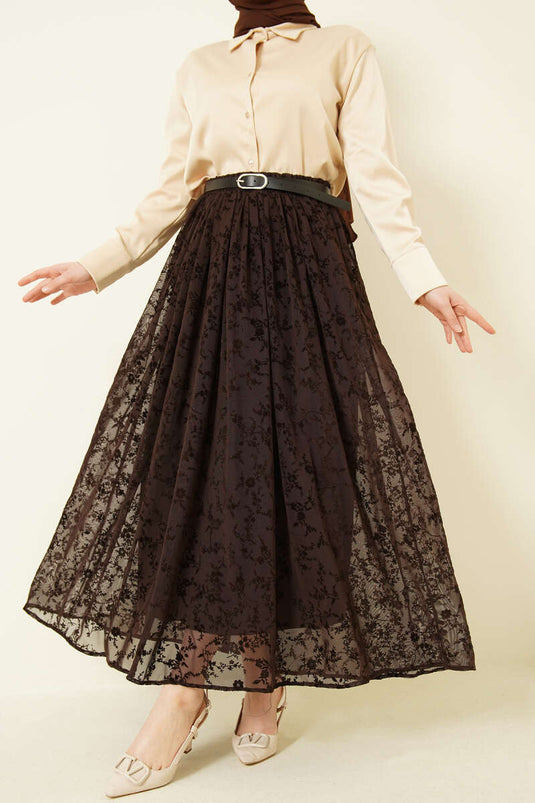 Brown Patterned Tulle Skirt with Belt