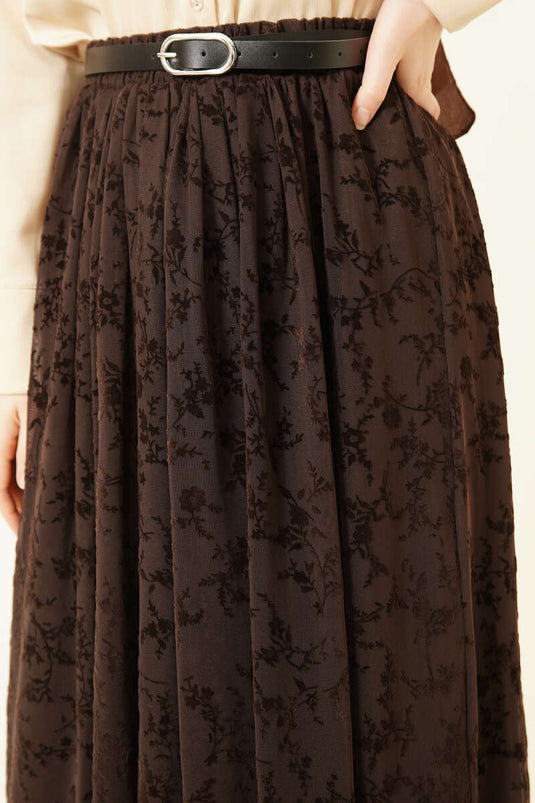 Brown Patterned Tulle Skirt with Belt