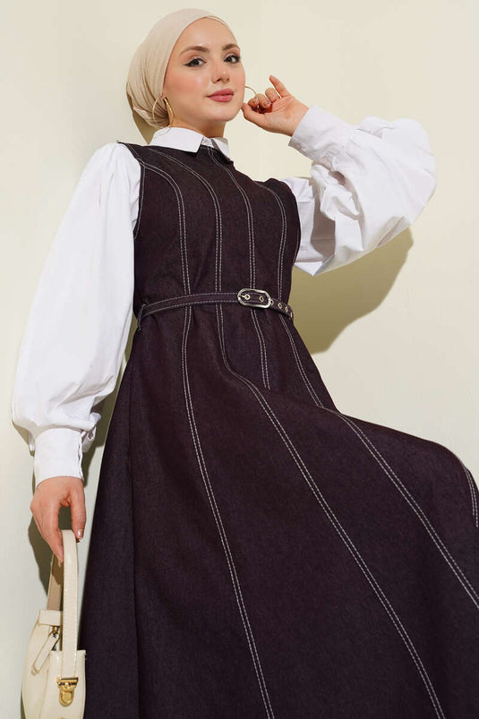 Burgundy Denim Pinafore Dress with Belted Stitch Detail