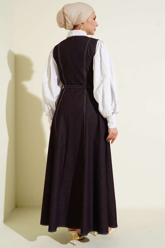 Burgundy Denim Pinafore Dress with Belted Stitch Detail