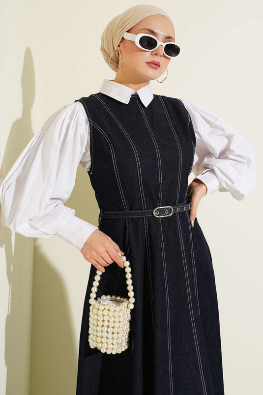 Denim Jumper Dress with Belt and Stitching Details Navy Blue