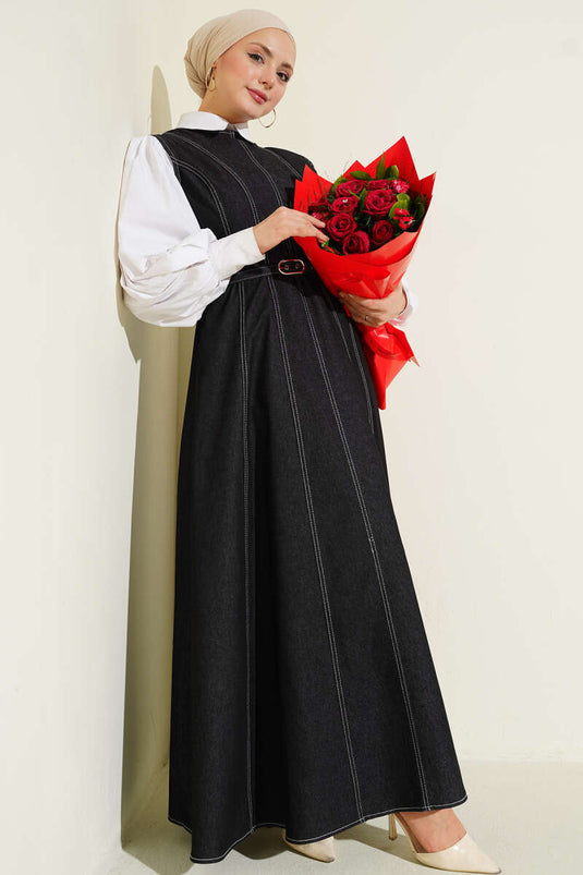 Black Denim Jumper Dress with Belt and Stitching Details