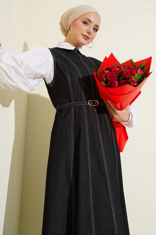 Black Denim Jumper Dress with Belt and Stitching Details