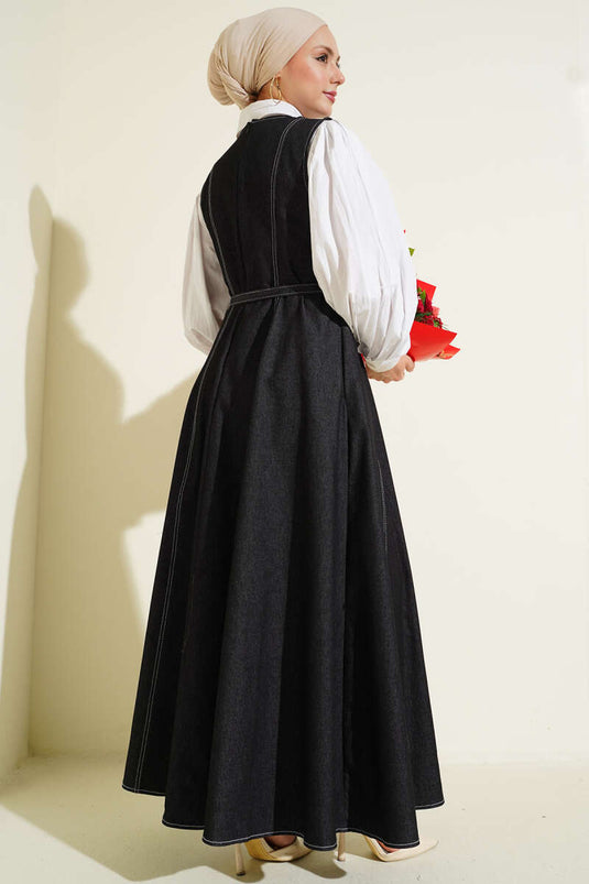 Black Denim Jumper Dress with Belt and Stitching Details