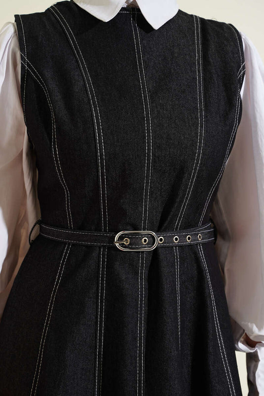 Black Denim Jumper Dress with Belt and Stitching Details