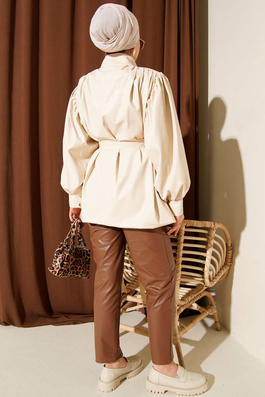 جاكيت جلدي مع حزام وأزرار، لون حجري