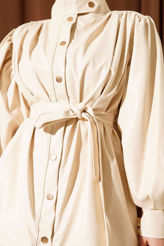 Veste en cuir avec ceinture et boutons, couleur pierre