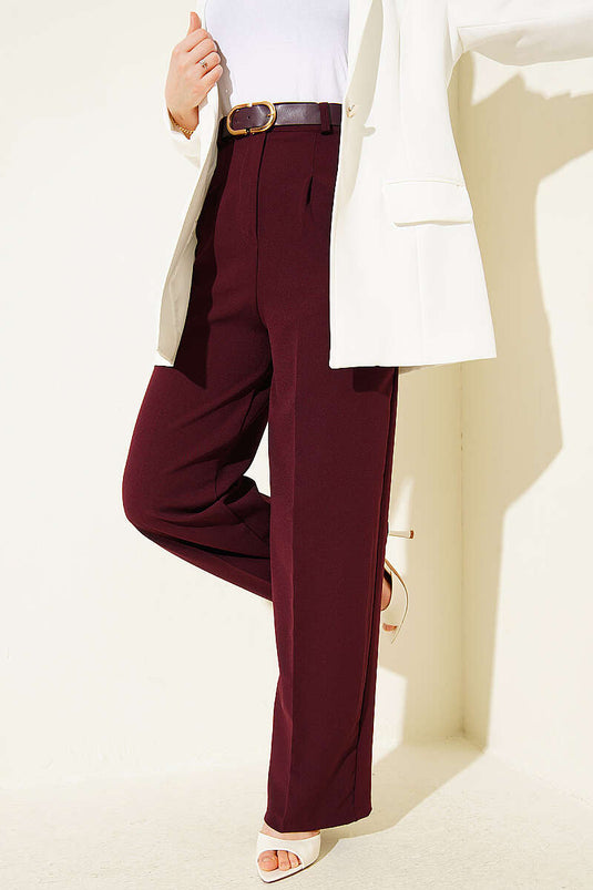 Kemerli Düğmeli Geniş Paça Pantolon Bordo
