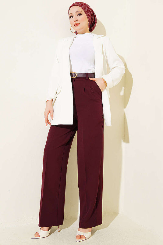 Kemerli Düğmeli Geniş Paça Pantolon Bordo