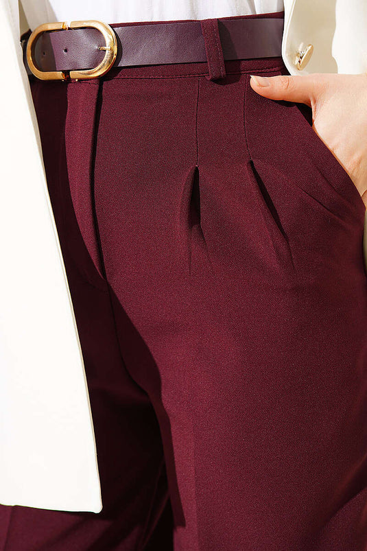 Kemerli Düğmeli Geniş Paça Pantolon Bordo