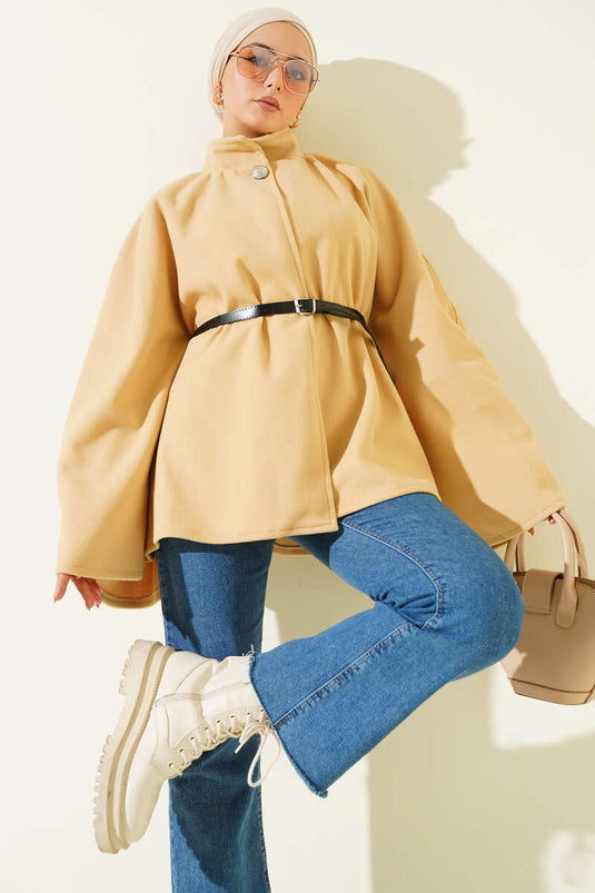 Kemerli Düğmeli Kaşe Panço Camel