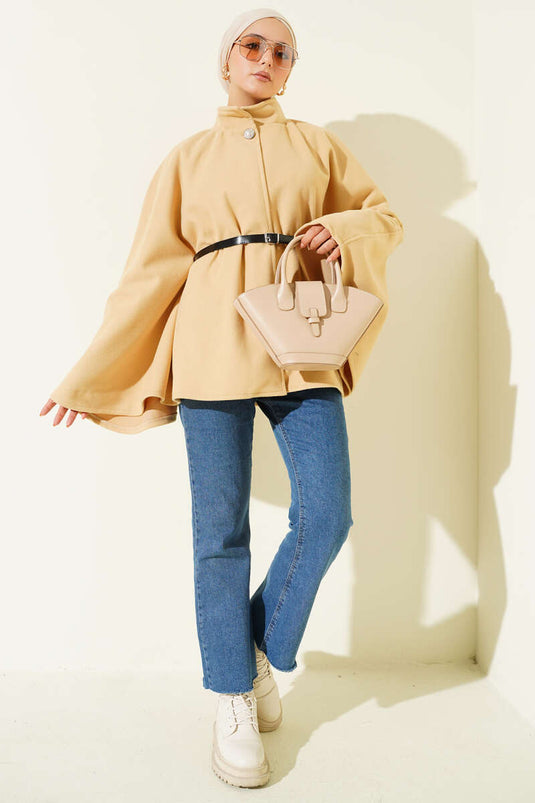 Belted Buttoned Cashmere Poncho Camel