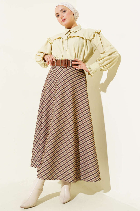 Kemerli Ekose Desen Kloş Etek Camel