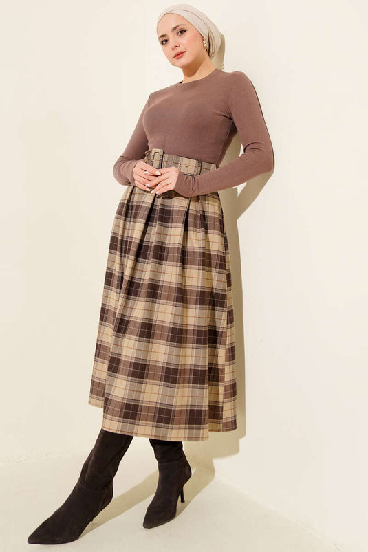 Gonna a pieghe con cintura e motivo scozzese color visone
