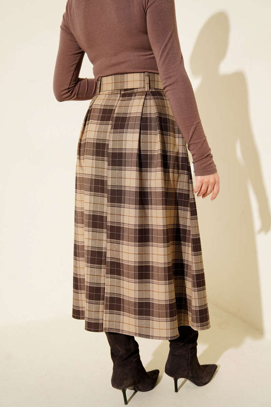 Gonna a pieghe con cintura e motivo scozzese color visone