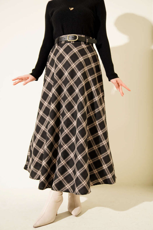 Kemerli Ekose Desenli Etek Siyah