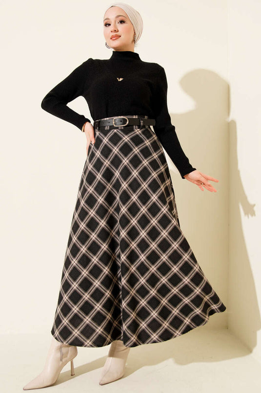 Kemerli Ekose Desenli Etek Siyah