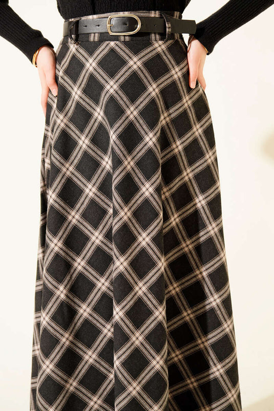 Kemerli Ekose Desenli Etek Siyah