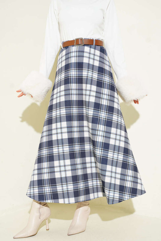 Jupe Scuba à Carreaux avec Ceinture Bleu Marine