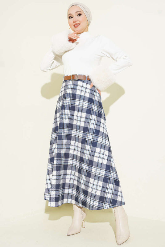 Jupe Scuba à Carreaux avec Ceinture Bleu Marine