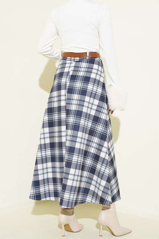 Jupe Scuba à Carreaux avec Ceinture Bleu Marine
