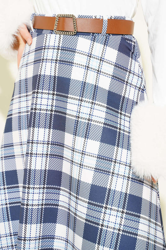 Jupe Scuba à Carreaux avec Ceinture Bleu Marine