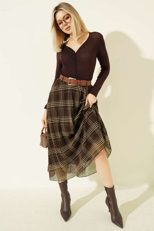 Midi Skirt with Belt in Brown Checked Chiffon