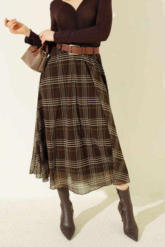 Kemerli Ekoseli Şifon Midi Etek Kahve