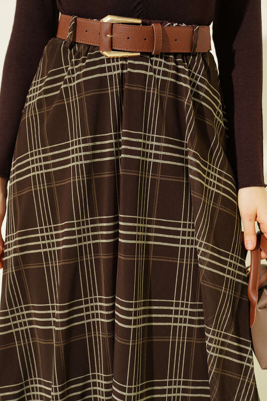 Midi Skirt with Belt in Brown Checked Chiffon