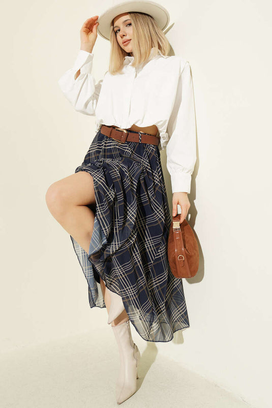 Navy Blue Checkered Chiffon Midi Skirt with Belt