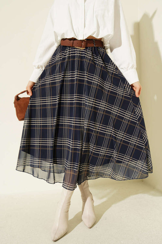 Kemerli Ekoseli Şifon Midi Etek Lacivert