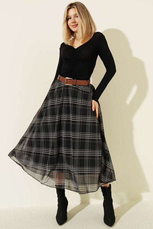 Black Midi Skirt with Belt in Checked Chiffon