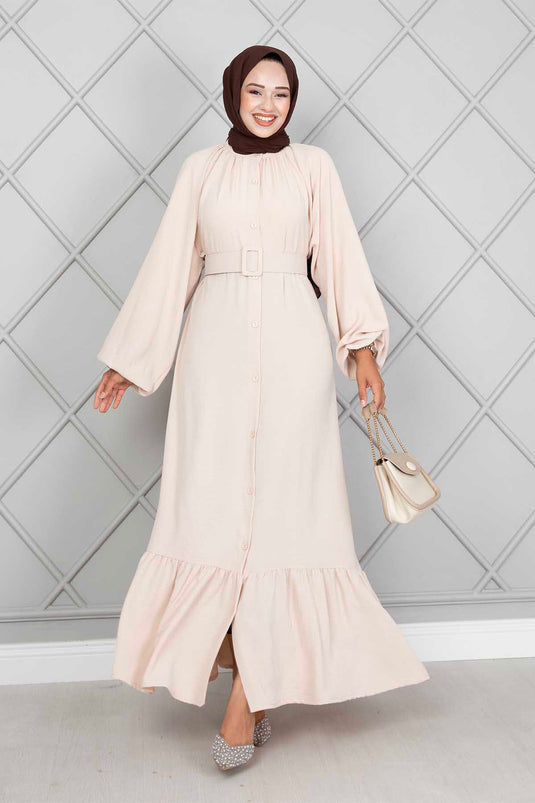 Kemerli Aerobin Tesettür Elbise Krem
