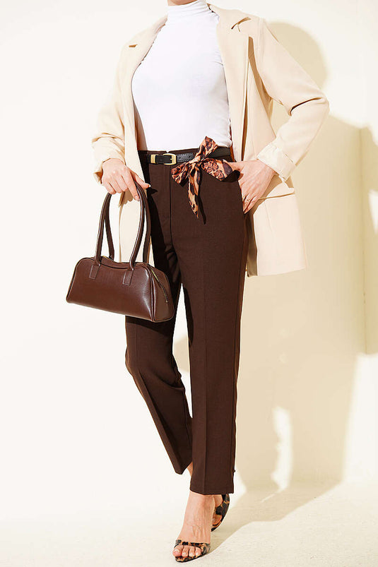 Slim Fit Pants with Belt and Zipper, Brown