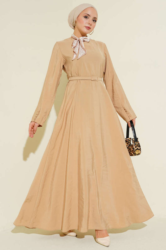 Kemerli Fularlı Tensel Elbise Bej