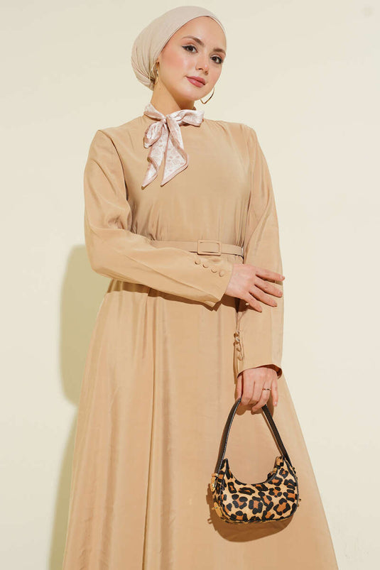 Kemerli Fularlı Tensel Elbise Bej