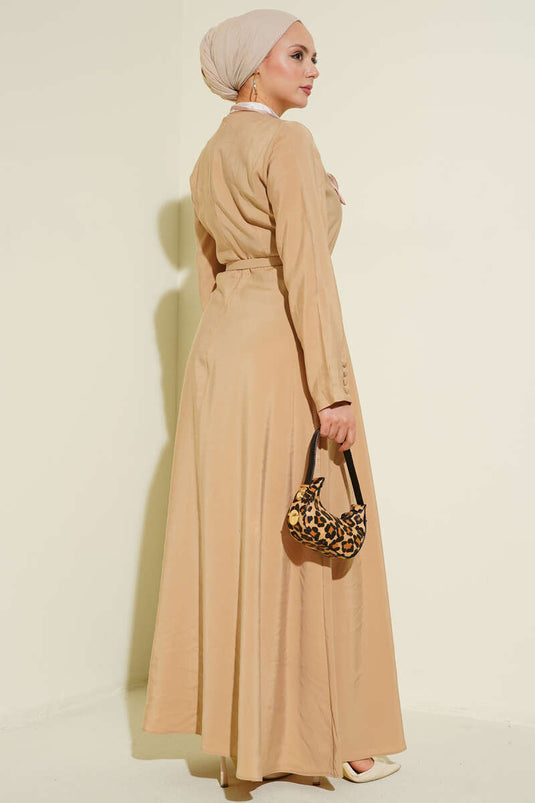 Kemerli Fularlı Tensel Elbise Bej