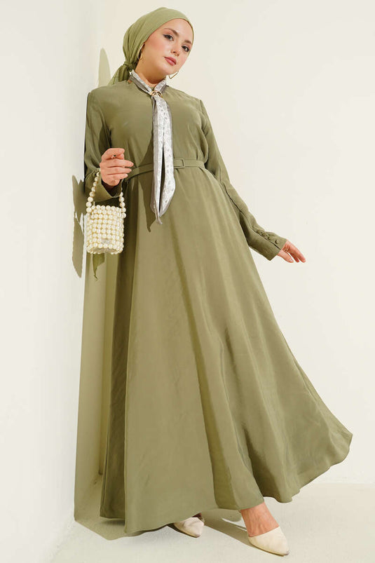 Dress with Belt and Scarf in Khaki Made of Tencel