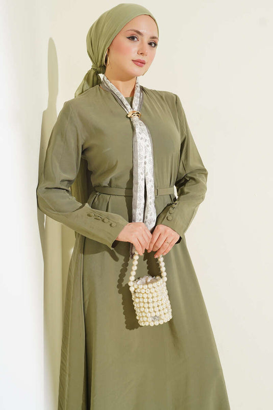 Dress with Belt and Scarf in Khaki Made of Tencel