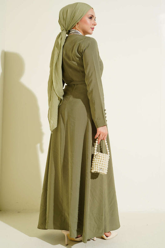Dress with Belt and Scarf in Khaki Made of Tencel