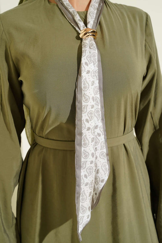 Dress with Belt and Scarf in Khaki Made of Tencel
