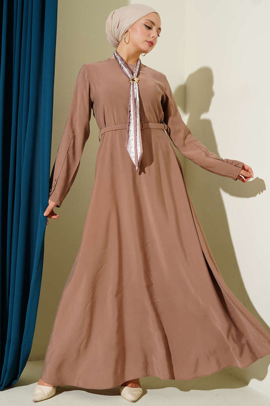 Kemerli Fularlı Tensel Elbise Latte