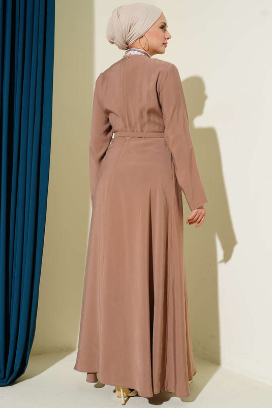 Kemerli Fularlı Tensel Elbise Latte